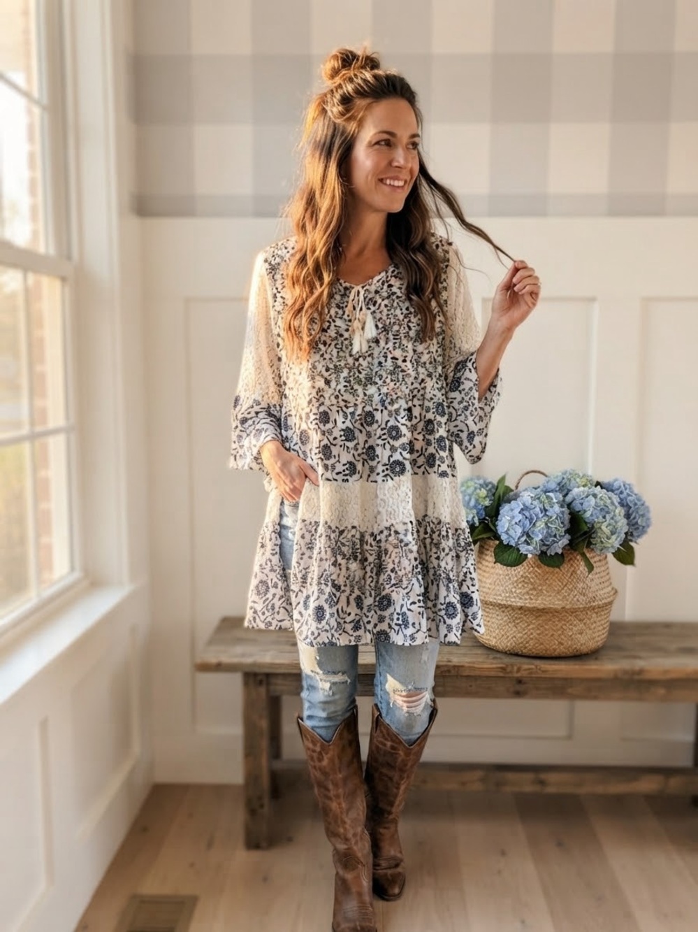 Cream and Blue Floral Tiered Mini Dress with Tassel Tie Small